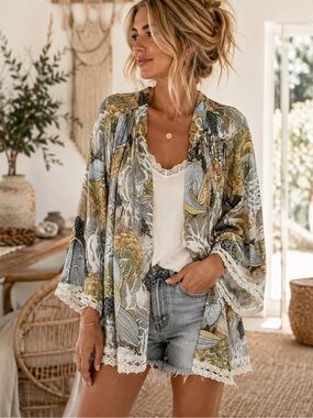 Jodifl Floral Botanical Kimono Cardigan Lace Trim Boho Cottagecore Size S